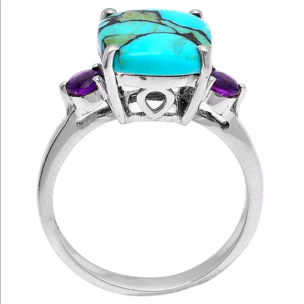 Gorgeous genuine turquoise with faceted amethyst sterling silver rings - Picture 6 of 6